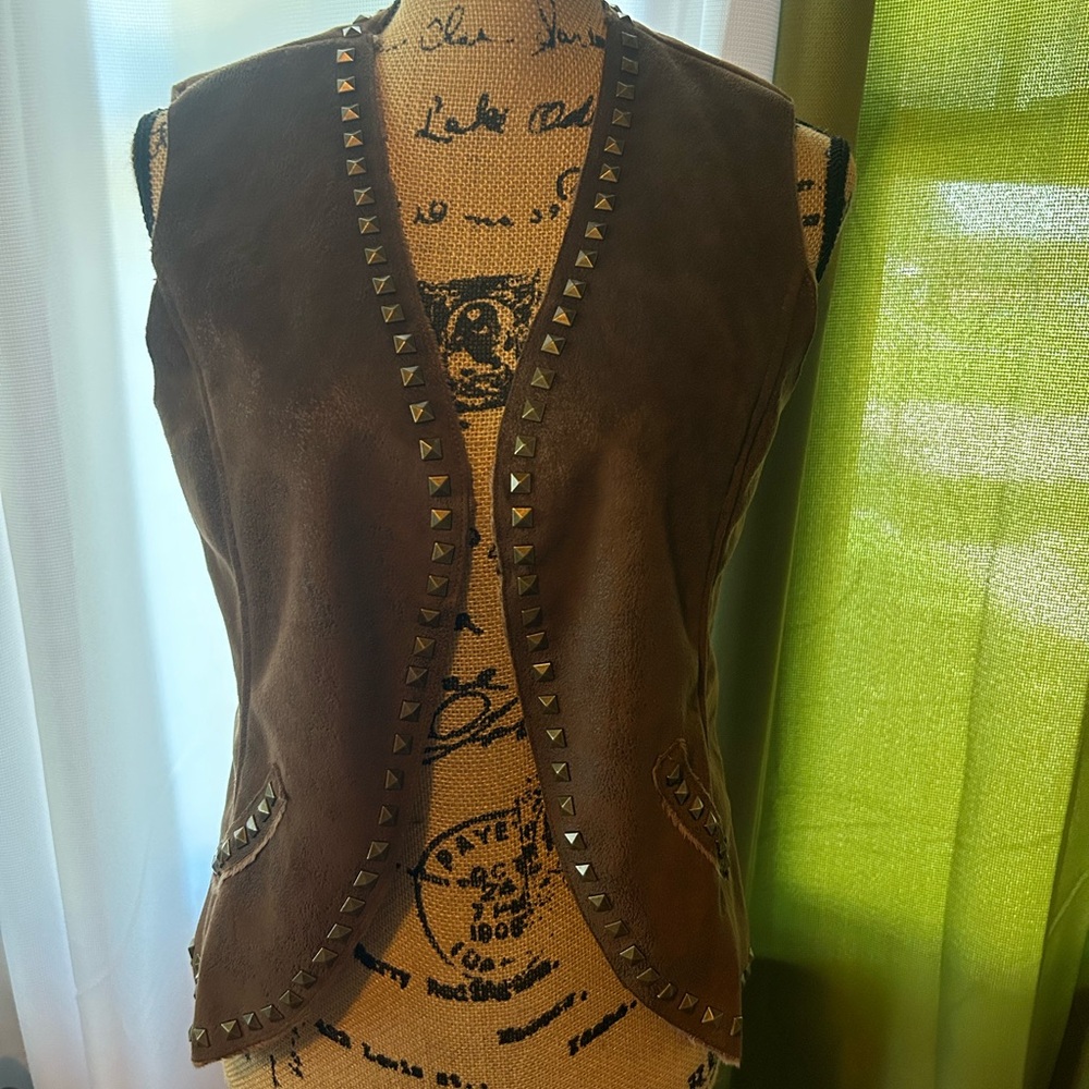 Montanaco Faux Suede & Fur Brown Vest Size Small Stud Embellished